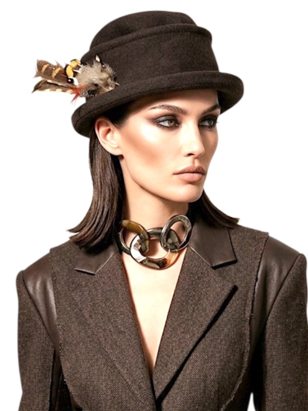 VTG Parkhurst pure wool chocolate brown feather detail bucket cloche winter hat